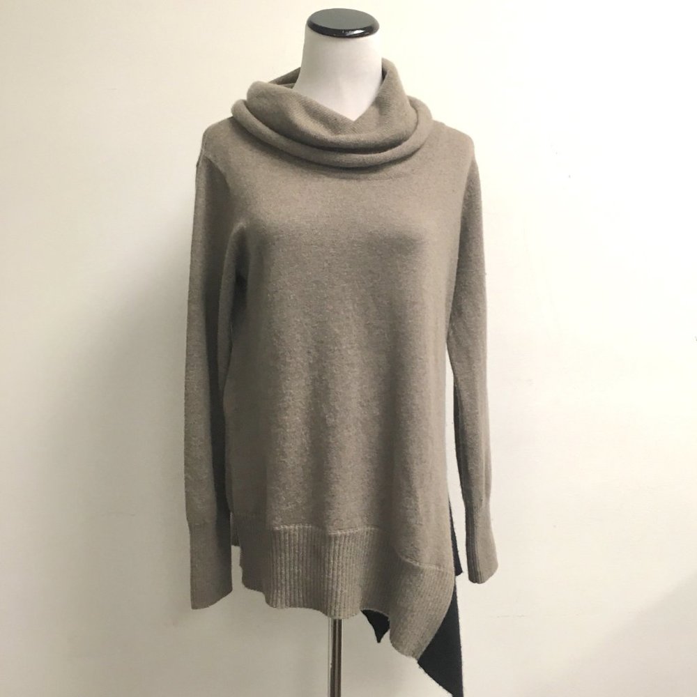 C Bloomingdales taupe black cowl neck tunic asymmetrical sweater M